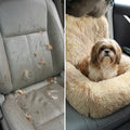 Before and after comparison showing scratched car seat versus Shih Tzu sitting safely in protected plush dog bed