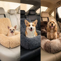 Three size options shown side by side - Chihuahua in S bed, Corgi in M bed, Cocker Spaniel in XL bed