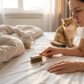 Woman brushing cat litter granules off white bed sheets while her cat watches — the daily frustration the EVA cat litter mat prevents